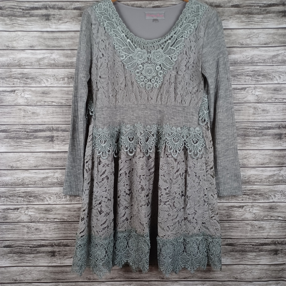 Pretty Angel Gray Lace Ribbed Longsleeve Boho Dress